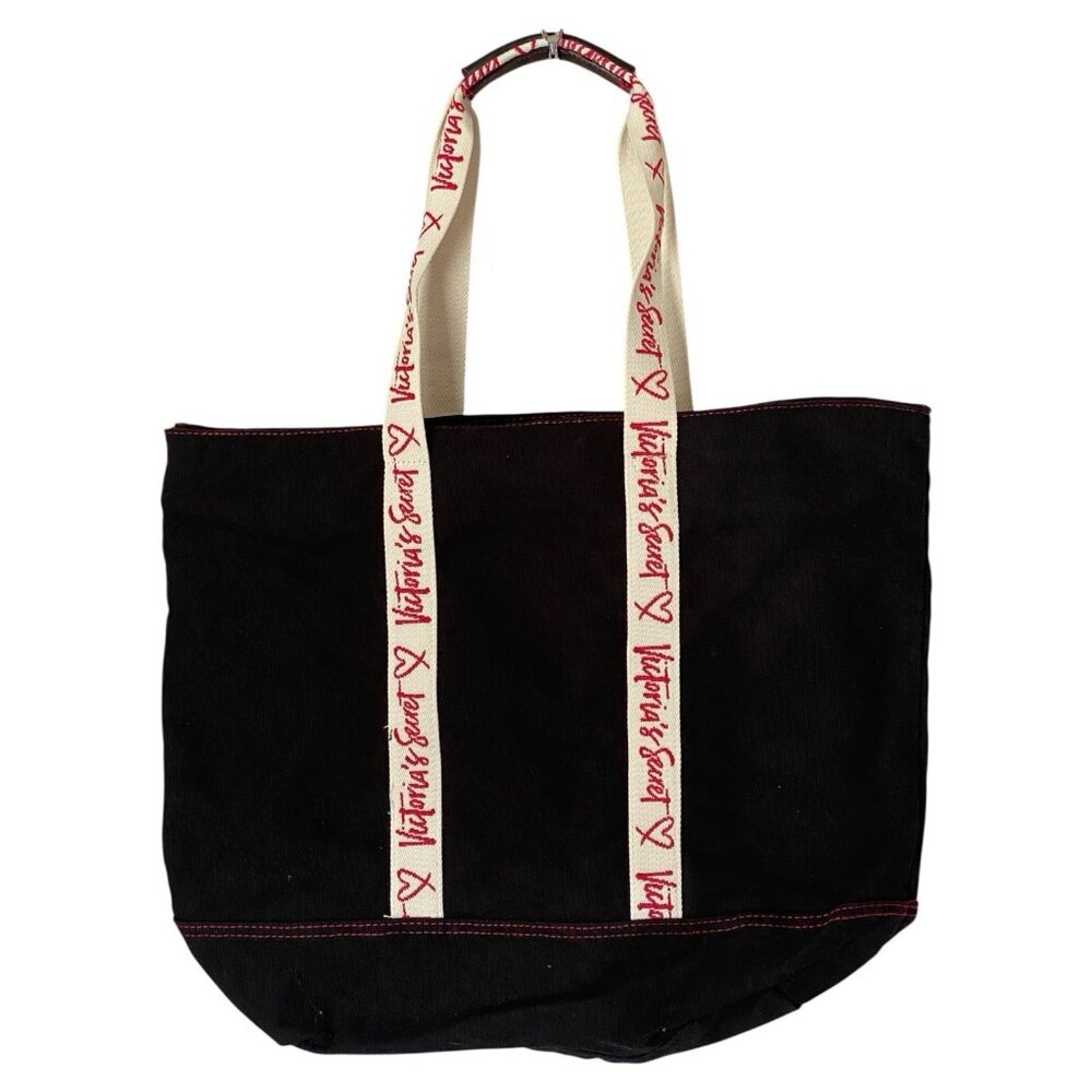 Victoria's Secret Black Canvas Tote Bag 17x16x6 Zip Closure w/ Handles - Picture 1 of 8